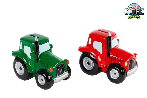Kids Globe spaarpot "Tractor" groen/rood a2 aardew 16,5x11x14cm