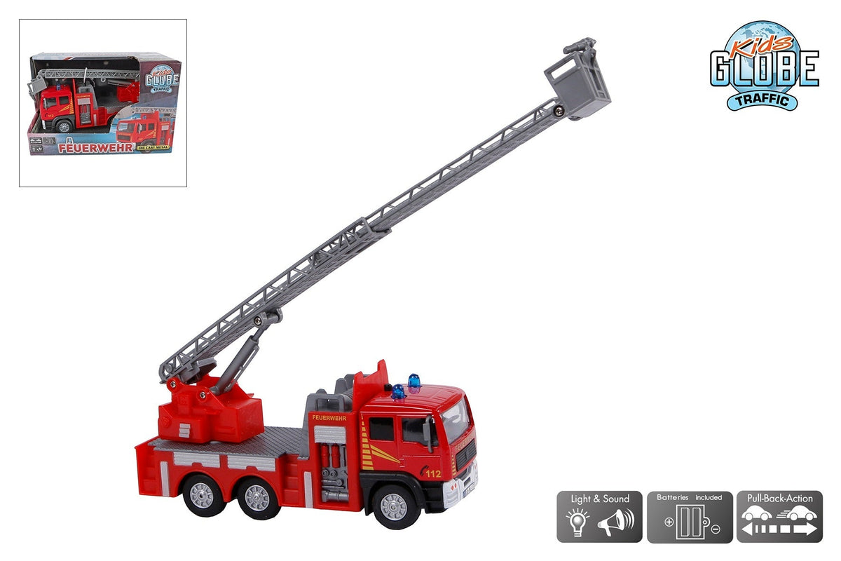 Kids Globe brandweer ladderwagen DE die cast licht geluid pb 16cm