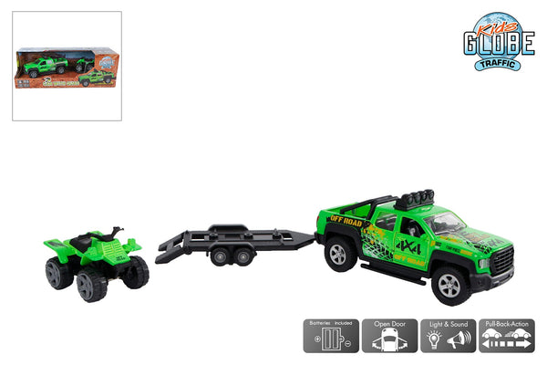 Kids Globe terreinwagen met trailer met quad licht geluid 29cm