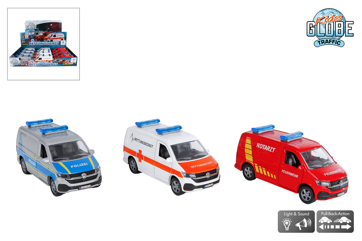 Kids Globe Volkswagen Transporter hulpdienst DE die cast pb licht geluid 3ass 13,5cm