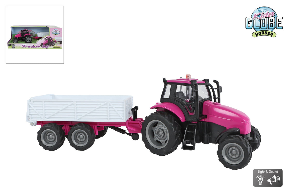 Kids Globe tractor met aanhanger die cast licht geluid roze 25cm