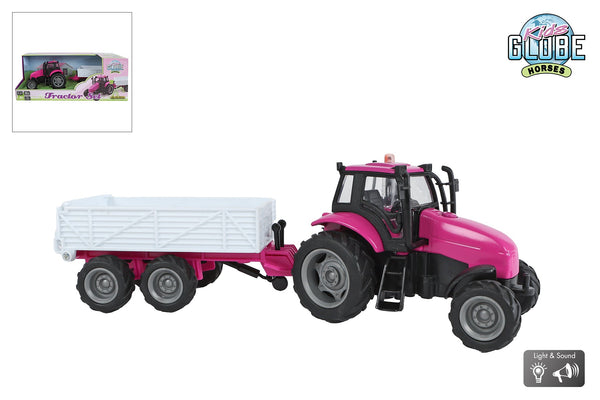 Kids Globe tractor met aanhanger die cast licht geluid roze 25cm
