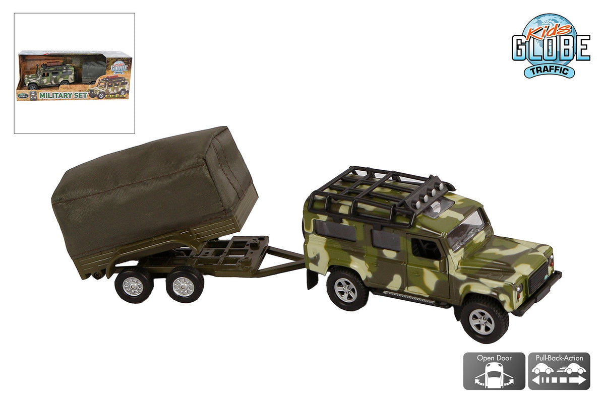 Kids Globe Land Rover met aanhanger military die cast pb 27cm