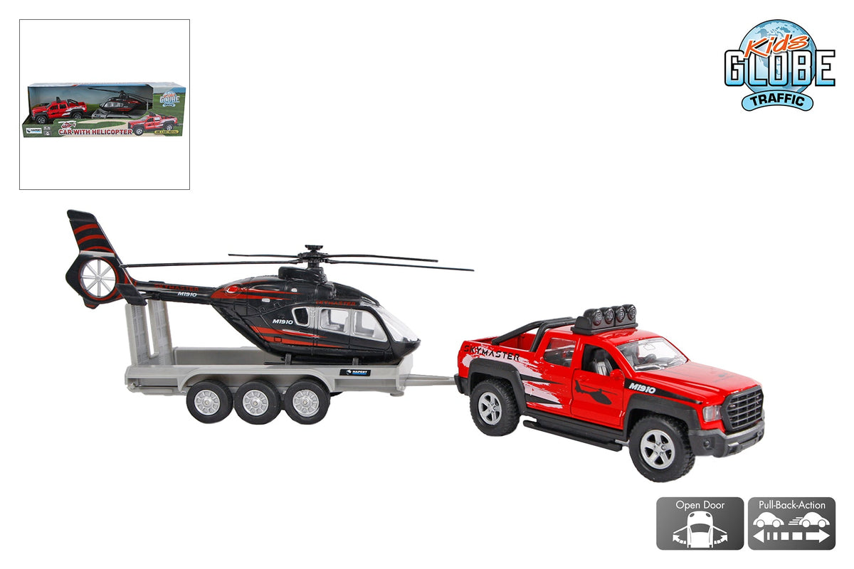 Kids Globe terreinwagen met trailer met helikopter 35cm
