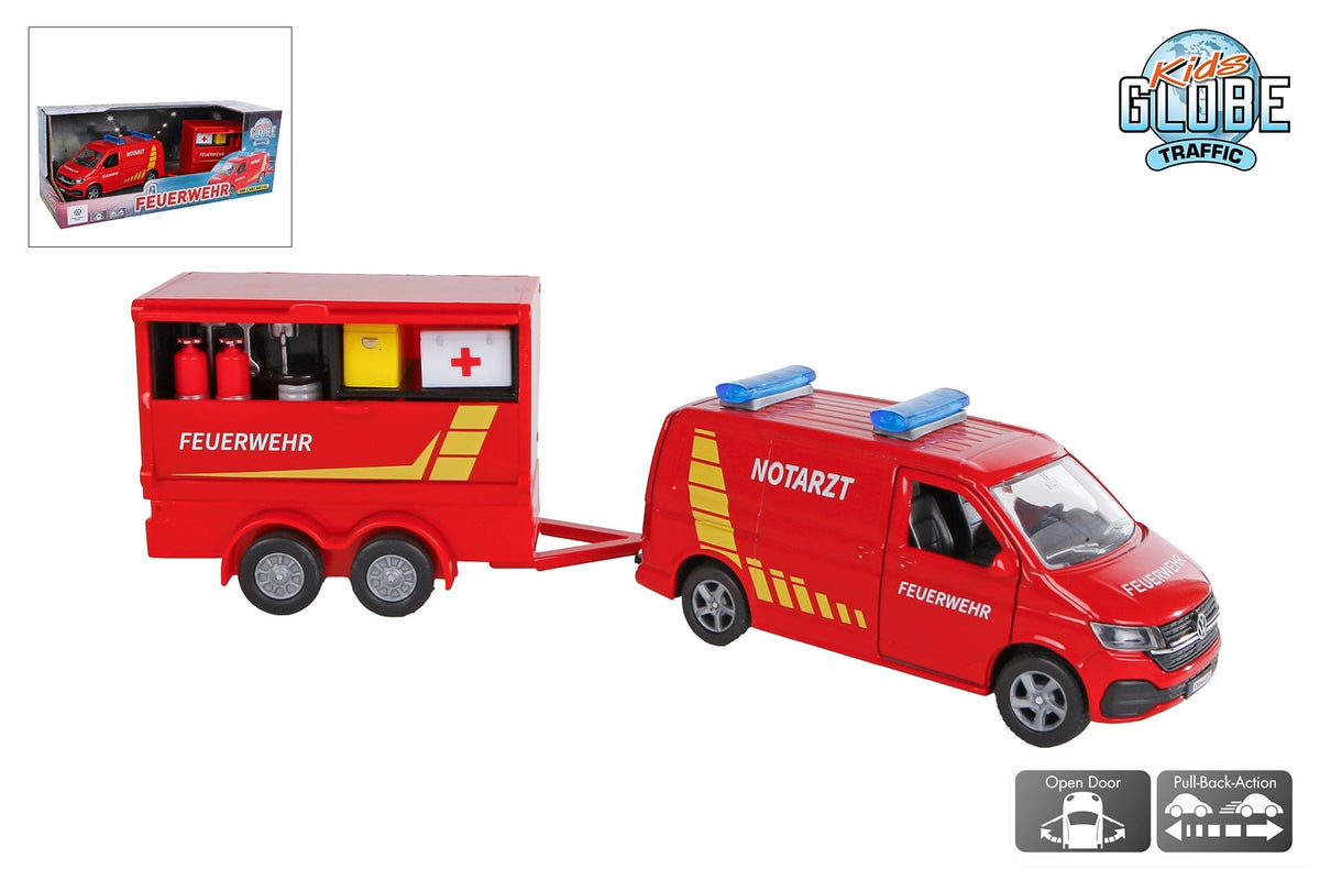 Kids Globe Volkswagen Transporter brandweer met aanhangwagen DE die cast pb 27,5cm