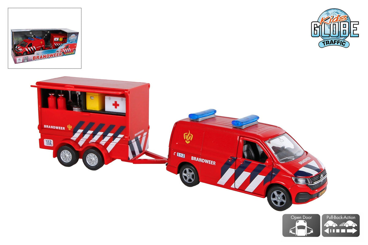 Kids Globe Volkswagen Transporter brandweer met aanhangwagen NL die cast pb 27,5cm