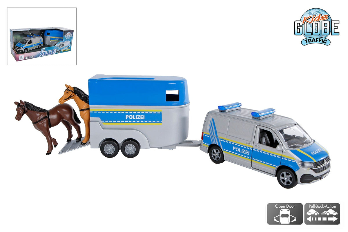 Kids Globe Volkswagen Transporter politie met paardentrailer DE die cast pb 28cm