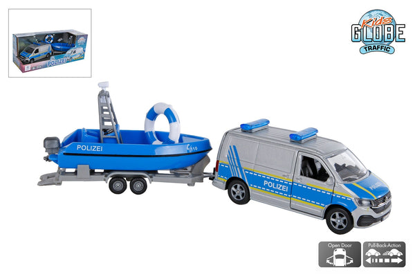 Kids Globe Volkswagen Transporter politie met boot DE die cast pb 29cm