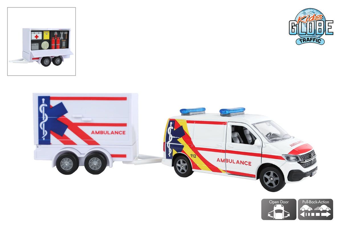 Kids Globe VW Transporter ambulance met aanhangwagen die cast pb 27,5cm