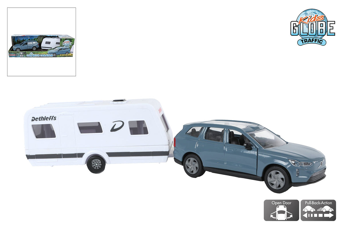 Kids Globe Volvo EX90 met Dethleffs caravan die cast pull back 30cm