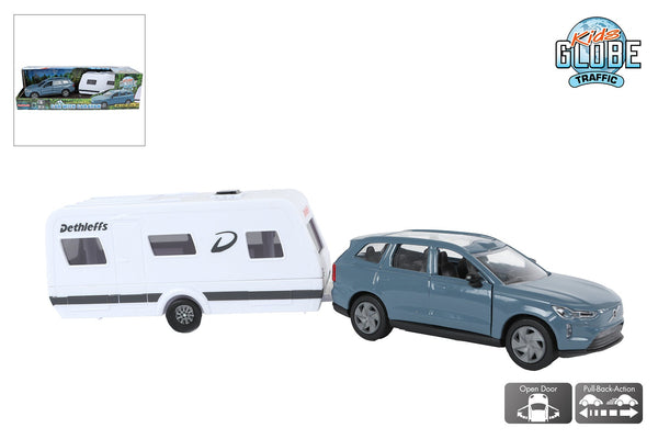 Kids Globe Volvo EX90 met Dethleffs caravan die cast pull back 30cm
