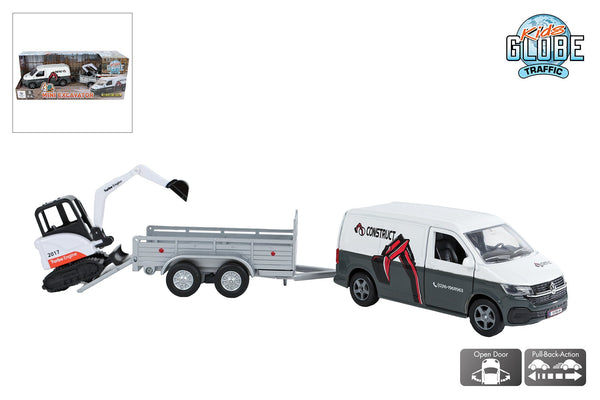 Kids Globe VW Transporter met minigraver die cast pull back 27cm