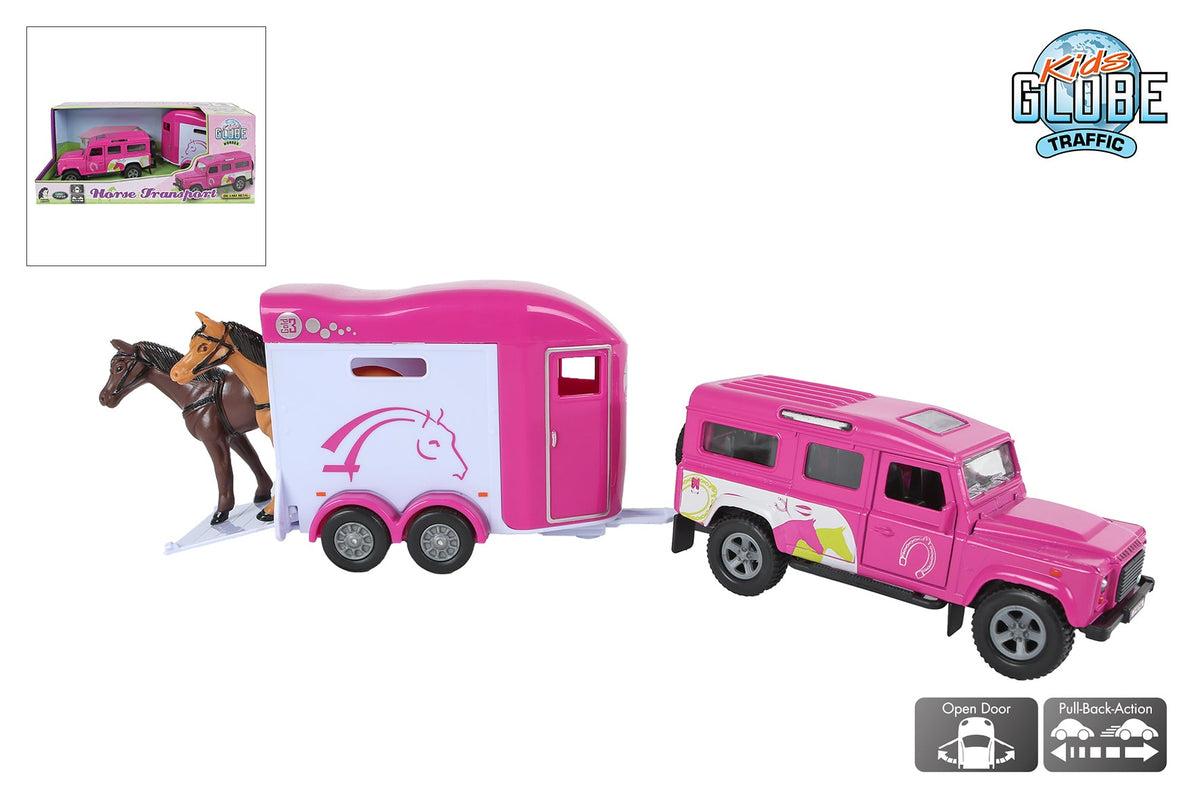 Kids Globe Land Rover met Cheval Liberte paardentrailer die cast pull back roze 26cm