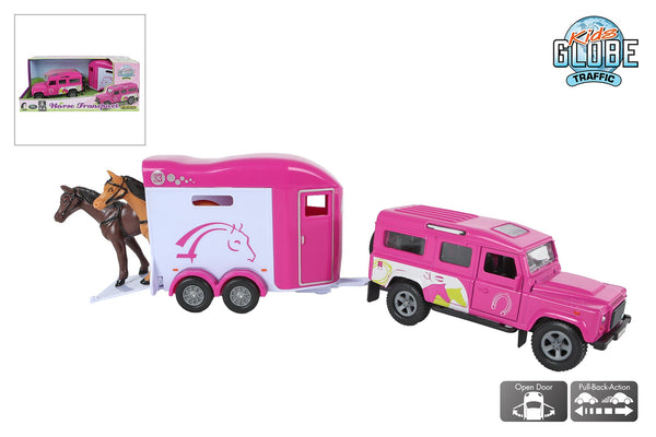 Kids Globe Land Rover met Cheval Liberte paardentrailer die cast pull back roze 26cm