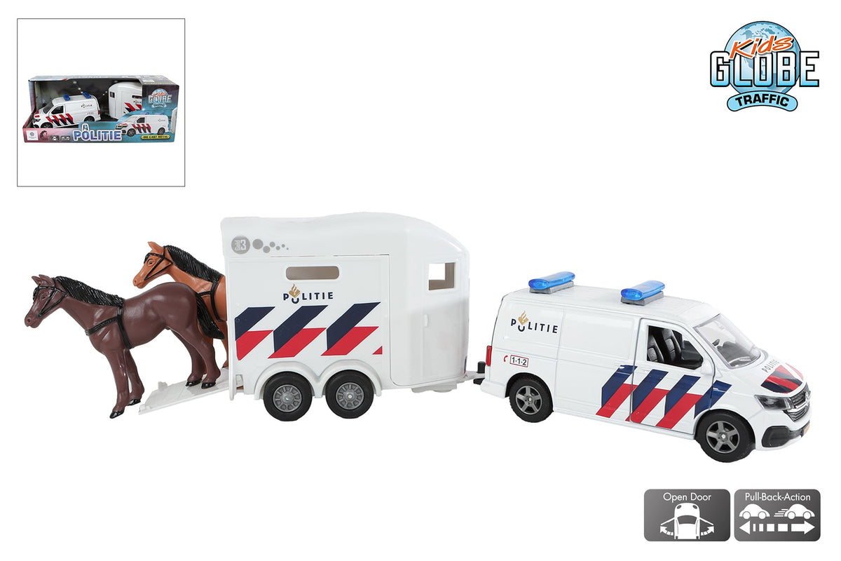 Kids Globe VW Transporter politie met Cheval Liberte paardentrailer NL die cast pb 28,5cm