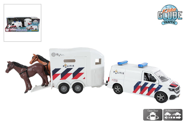 Kids Globe VW Transporter politie met Cheval Liberte paardentrailer NL die cast pb 28,5cm