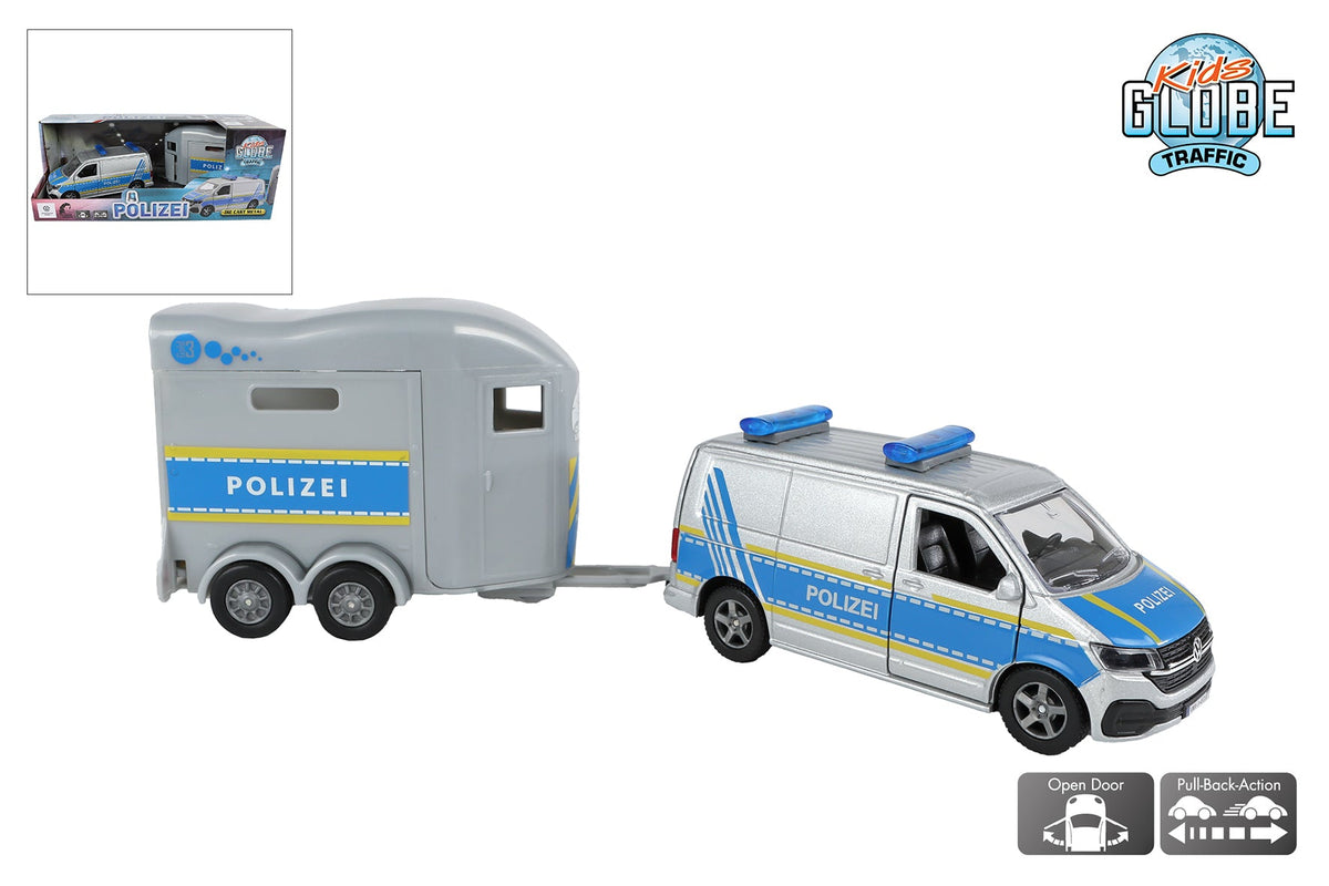 Kids Globe VW Transporter politie met Cheval Liberte paardentrailer DE die cast pb 28,5cm