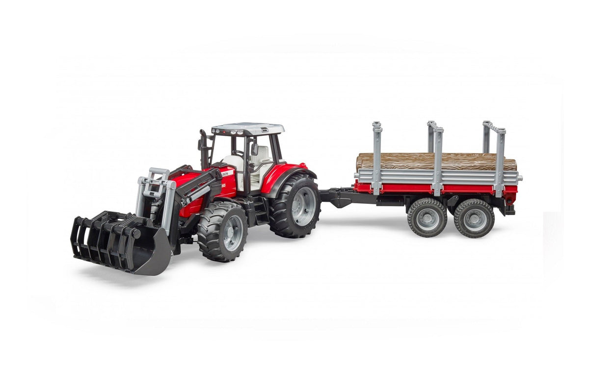 Bruder Massey Ferguson 7480 met aanhanger en boomstammen (02046)