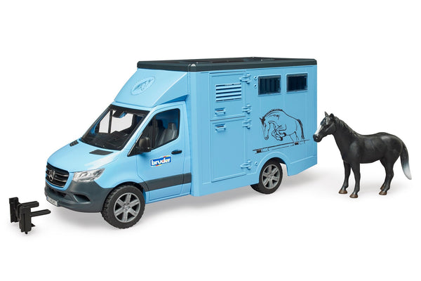Bruder MB Sprinter dieren transport blauw met paard (02674)