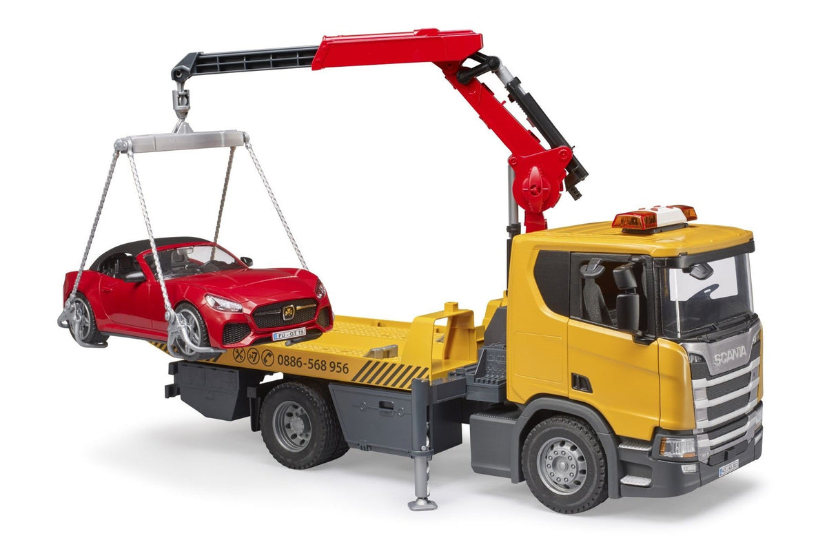 Bruder Scania Super 560R bergingsV, sportwagen L+G (03552)