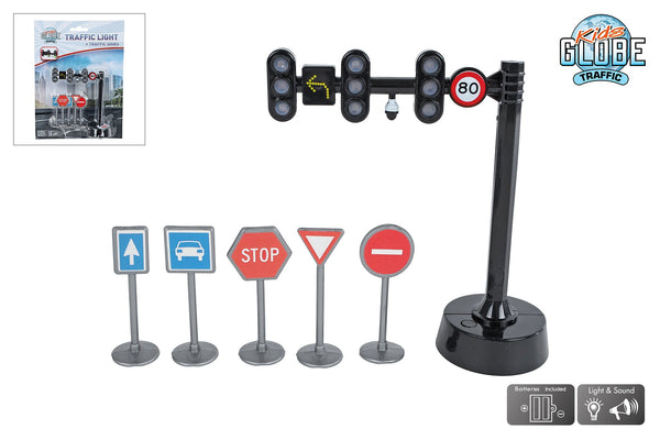 Kids Globe verkeerslicht met 3 lichten 11,5cm en 5 verkeersborden 5cm