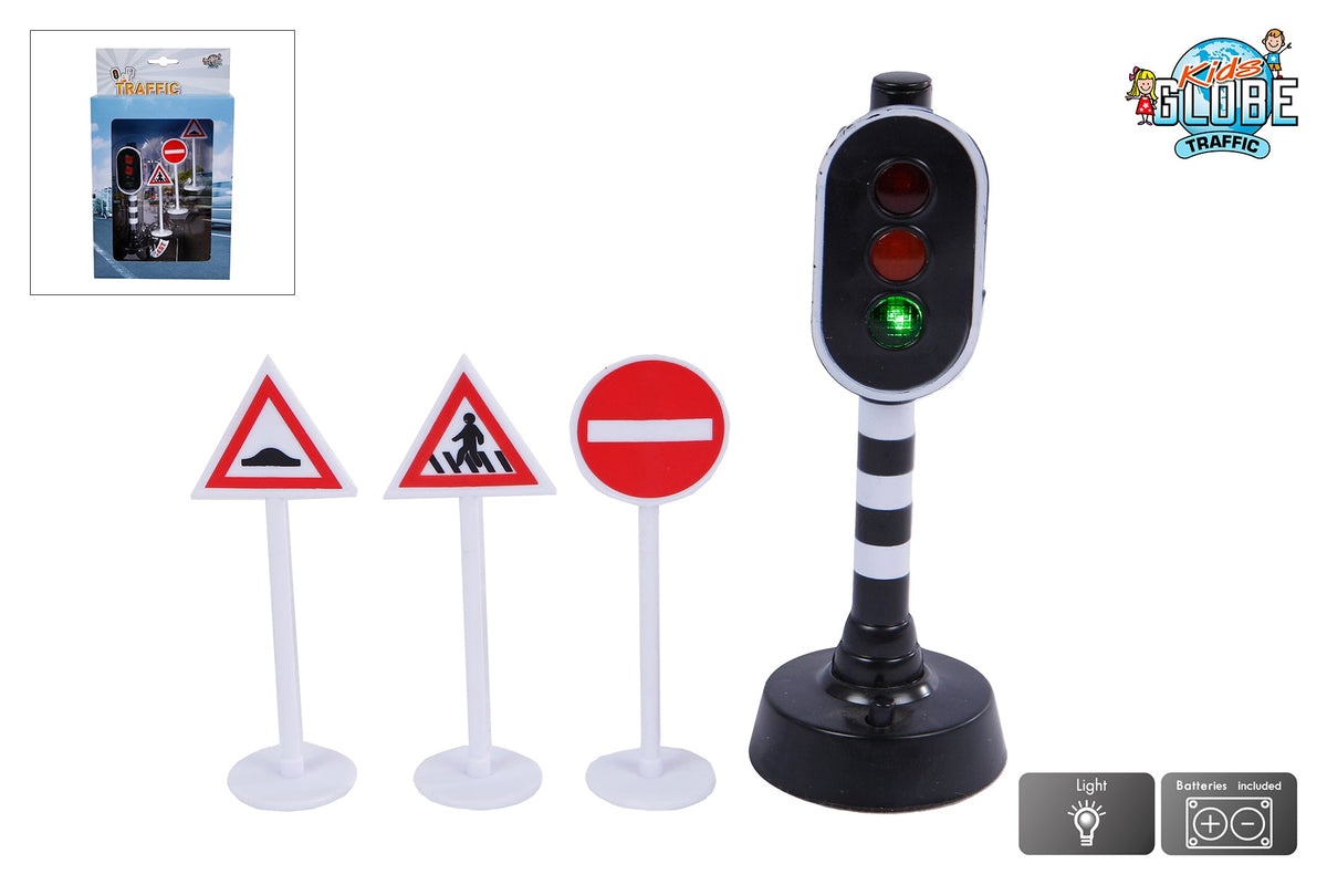 Kids Globe verkeerslicht met licht met 3 verkeersborden 12cm