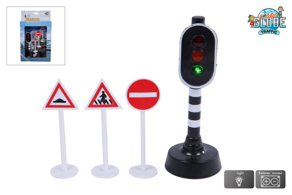 Kids Globe verkeerslicht met licht met 3 verkeersborden 12cm