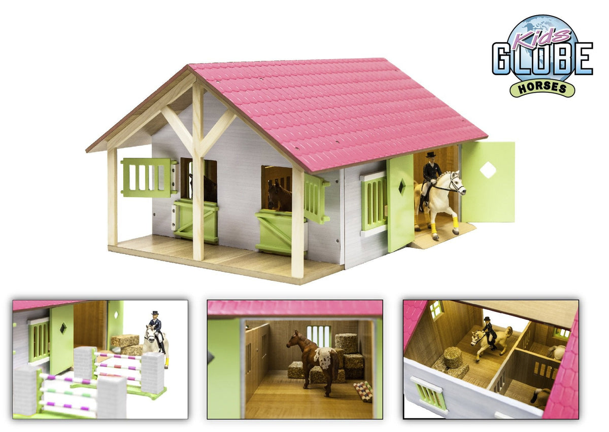 Kids Globe paardenstal hout met 2 boxen en berging roze 1:24 51x40,5x27,5cm