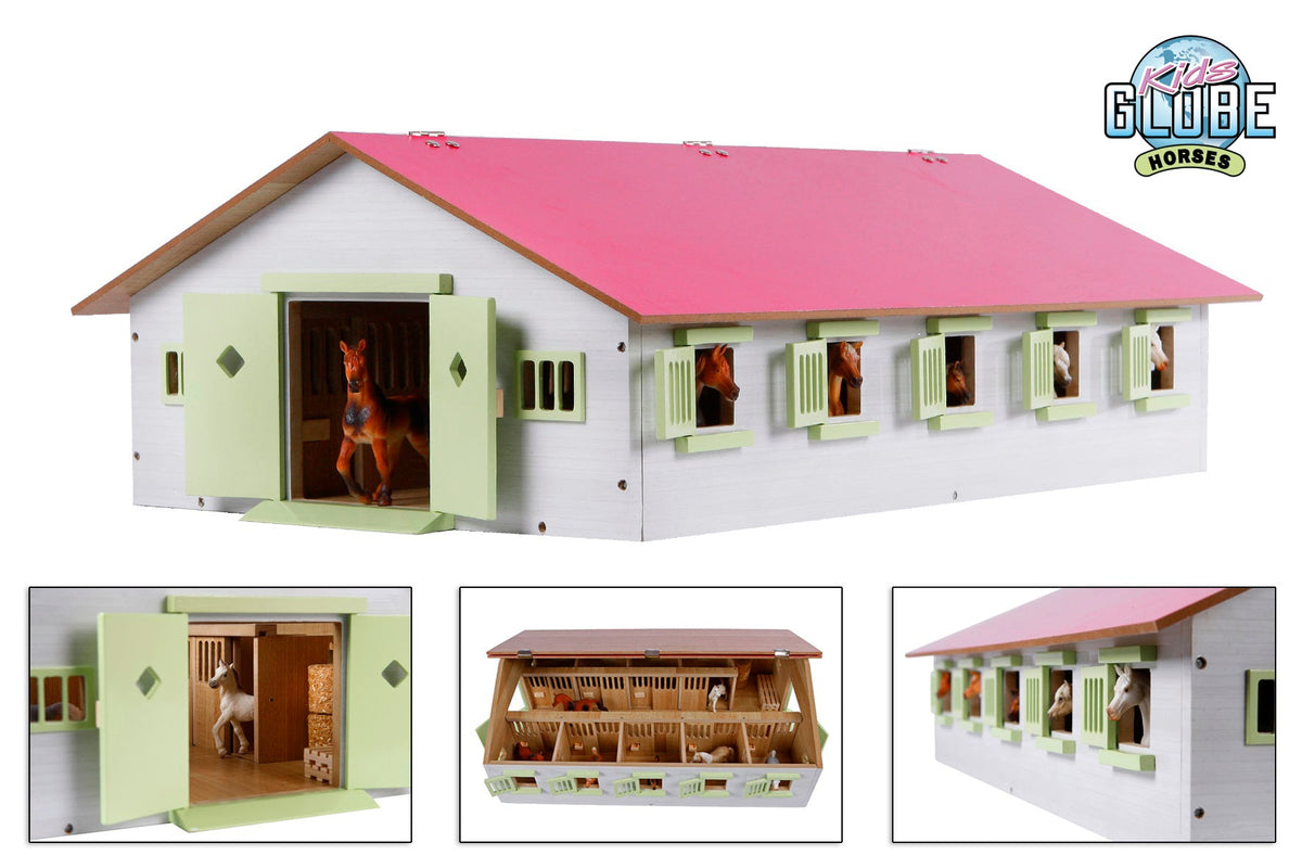 Kids Globe paardenstal met 9 boxen 1:32 62x42,5x22cm roze