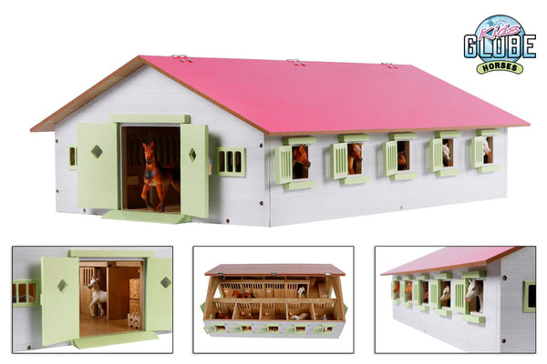Kids Globe paardenstal met 9 boxen 1:32 62x42,5x22cm roze