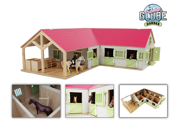 Kids Globe paardenhoekstal met 4 boxen en berging 1:24 68x77x27cm roze