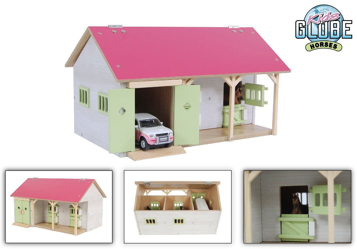 Kids Globe paardenstal met 2 boxen en berging 1:32 34x22x19cm roze